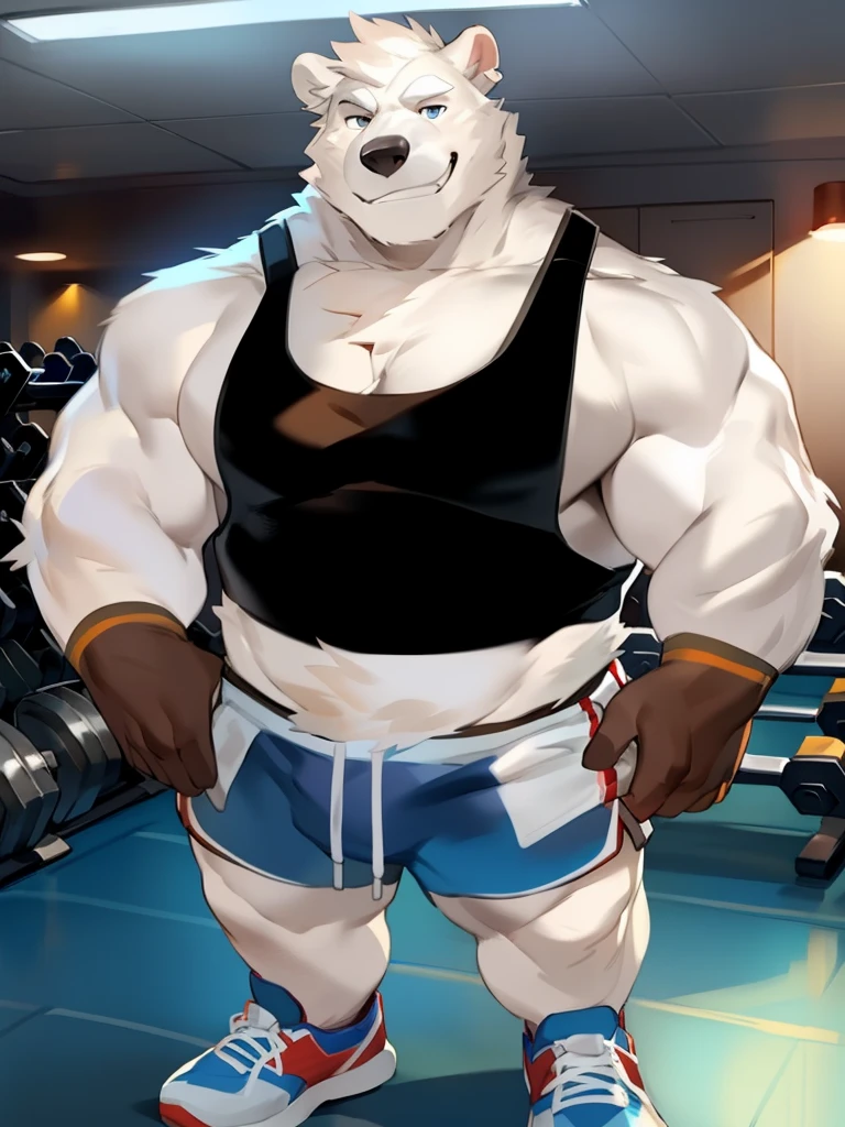Solo, Male, polar bear, (short hair, snout), messy fur, messy hair, smirking, notched ear, by Bebebebebe, by Spikes, By Darkgem, by Mystic Fox 61, by Chunie, standing, tank top, gym shorts, gym shoes, looking at viewer, Dilf, Daddy, father figure, mature male, hunk, pecs, very detailed gym clothing, very detailed fur texture, very detailed lighting, very detailed eyes, gloves, very well drawn gym clothing, very well drawn face
