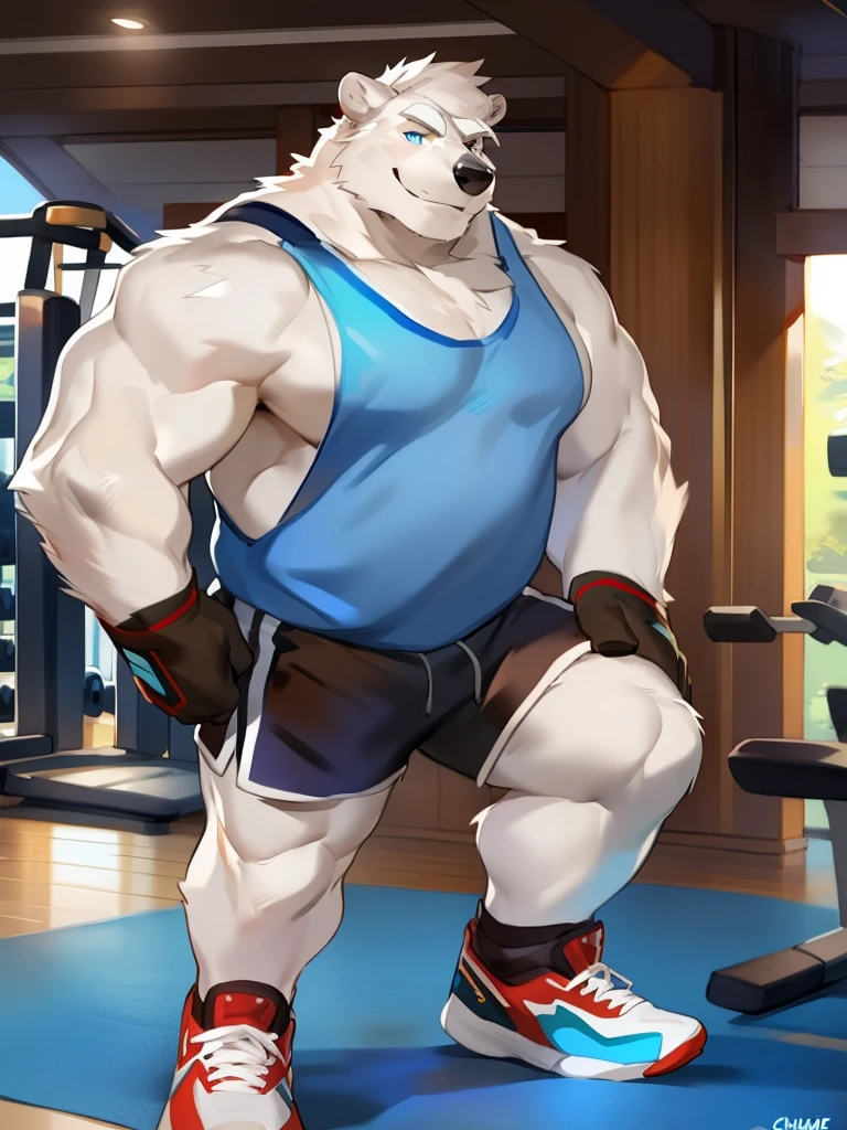 Solo, Male, polar bear, (short hair, snout), messy fur, messy hair, smirking, notched ear, by Bebebebebe, by Spikes, By Darkgem, by Mystic Fox 61, by Chunie, standing, tank top, gym shorts, gym shoes, looking at viewer, Dilf, Daddy, father figure, mature male, hunk, pecs, very detailed gym clothing, very detailed fur texture, very detailed lighting, very detailed eyes, gloves, very well drawn gym clothing, very well drawn face
