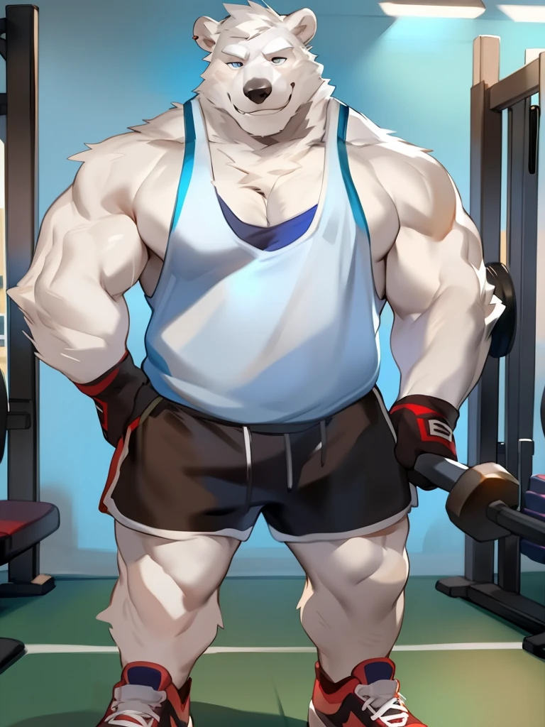 Solo, Male, polar bear, (short hair, snout), messy fur, messy hair, smirking, notched ear, by Bebebebebe, by Spikes, By Darkgem, by Mystic Fox 61, by Chunie, standing, tank top, gym shorts, gym shoes, looking at viewer, Dilf, Daddy, father figure, mature male, hunk, pecs, very detailed gym clothing, very detailed fur texture, very detailed lighting, very detailed eyes, gloves, very well drawn gym clothing, very well drawn face