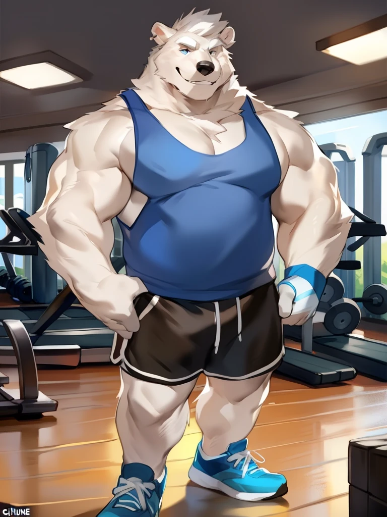 Solo, Male, polar bear, (short hair, snout), messy fur, messy hair, smirking, notched ear, by Bebebebebe, by Spikes, By Darkgem, by Mystic Fox 61, by Chunie, standing, tank top, gym shorts, gym shoes, looking at viewer, Dilf, Daddy, father figure, mature male, hunk, pecs, very detailed gym clothing, very detailed fur texture, very detailed lighting, very detailed eyes, gloves, very well drawn gym clothing, very well drawn face