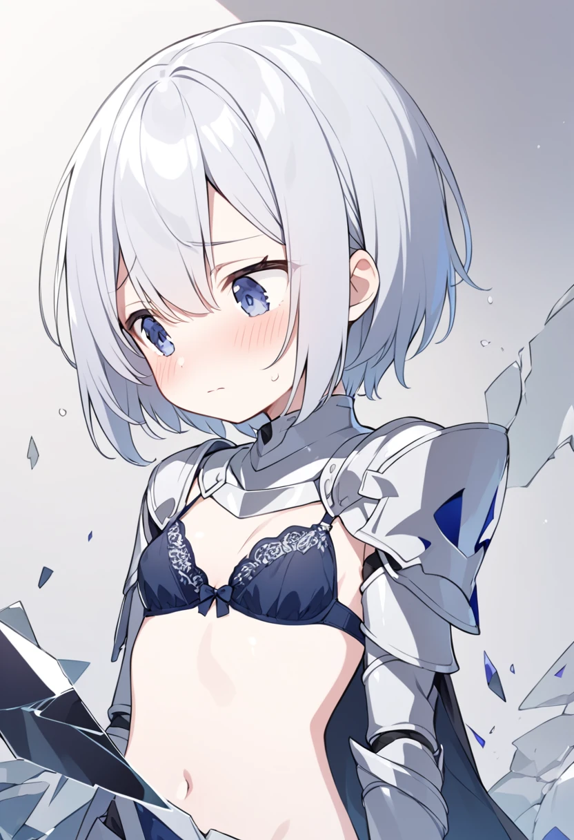 Girl, silver hair, short hair, boyish, shy, small breasts, knight's armor, shattered armor, (armor is shattered and bra is visible,)