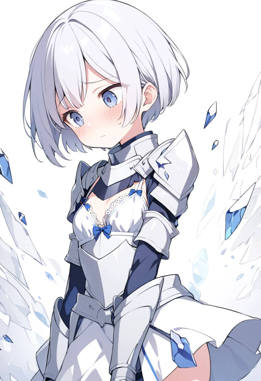 Girl, silver hair, short hair, boyish, shy, small breasts, knight's armor, shattered armor, (armor is shattered and bare tits is visible,)