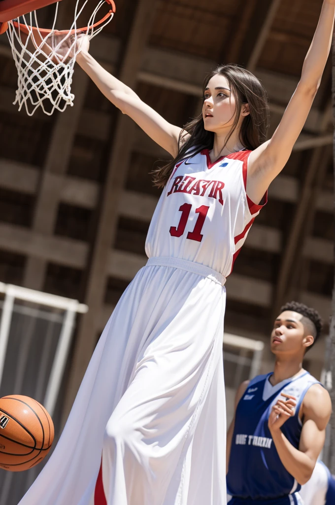 Jesus in long dress playing basketball