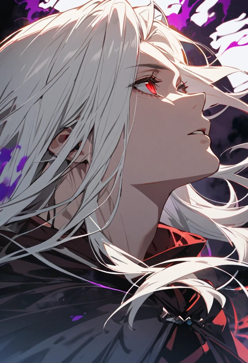 male, long hair, white hair, red eyes, cloak, dark aura, side view, look up, experinced, face close