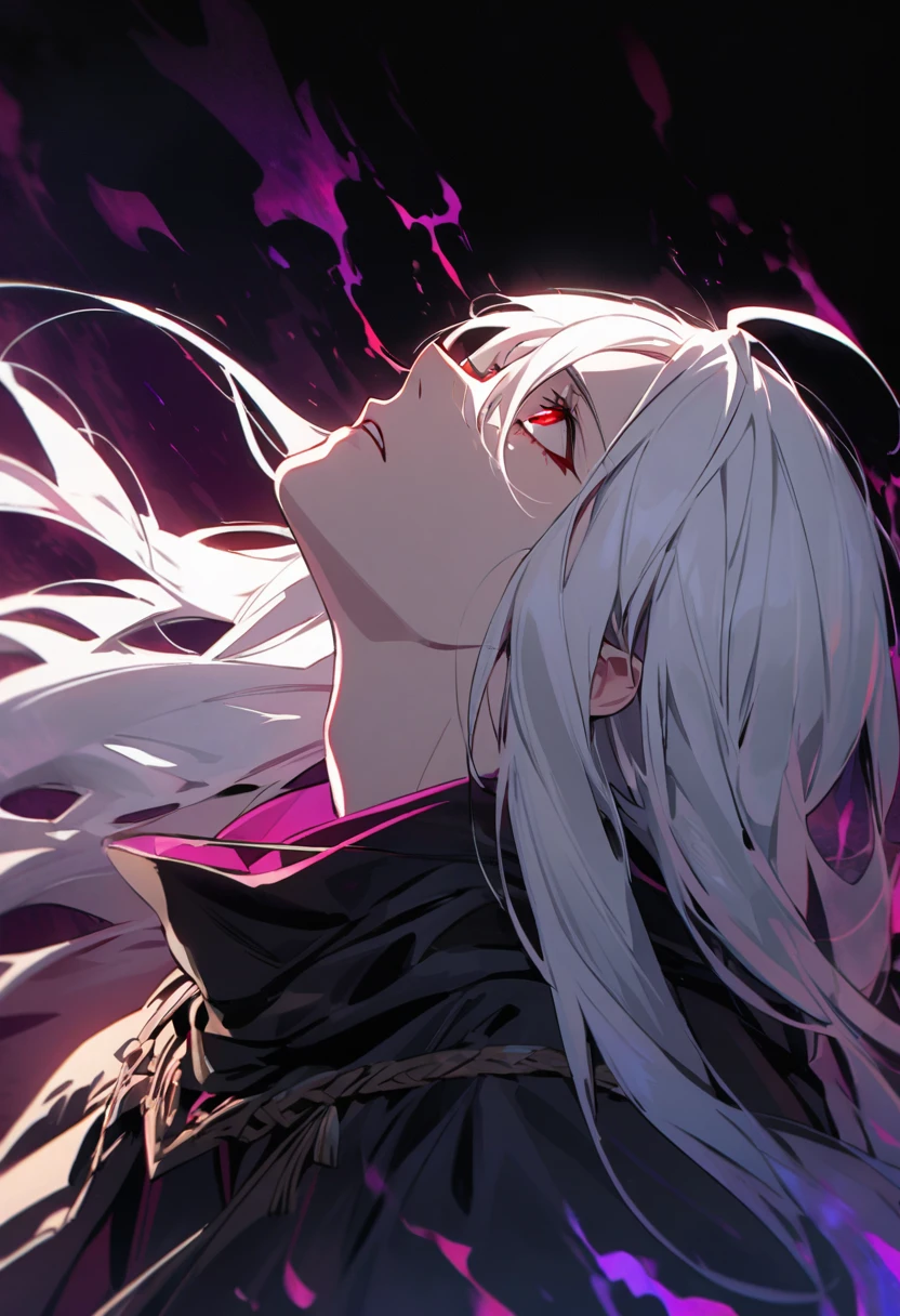 male, long hair, white hair, red eyes, cloak, dark aura, side view, look up, experinced, face close