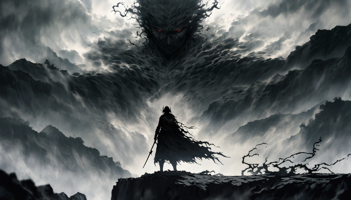 Create an anime-style image inspired by the following song lyrics. The image should feature at least one anime character standing on the edge of a cliff, staring into an abyss with mist swirling around. The character should have a determined expression, symbolizing their struggle and resilience. Scars or other signs of past battles should be visible on the character. In the background, incorporate elements of a dark, stormy environment, possibly with shadows or demons lurking to represent inner demons. The overall theme should convey a sense of rising above challenges and finding strength and redemption. Ensure the image captures a mix of darkness and hope, reflecting the themes of the song