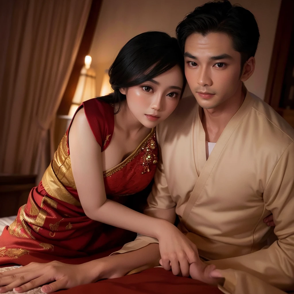 an asian woman with a handsome man , atraktif couple at the bed in the nightime, fullview romantic bedroom, realistic skin tone, very detail, ornate detail, HDR Bright