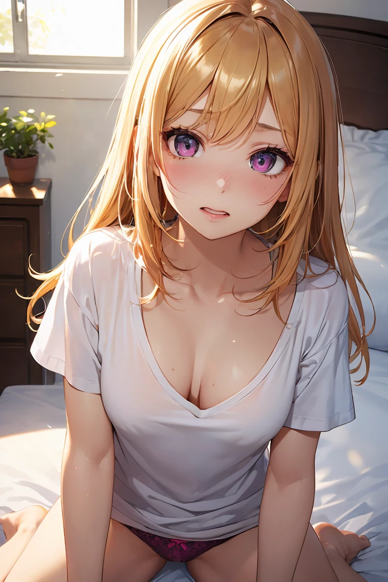 masterpiece, absurdres, best quality, ultra detailed, high Resolution, detailed illustration, bright colour, (extremely beautiful detailed face and eyes, Delicate beautiful face, 1 girl, 18yo, cute face:1.3), (magenta eyes:1.1), sparkling eyes, big eyes, (small breasts:1.3), (perky breasts:1.1), (pointy breasts:1.1), medium hips, glamorous body, white skin, BREAK, (blonde hair:0.8), messy hair, detailed hair, shiny hair, BREAK (down blouse, Oversized V-neck T-shirt, Panties:1.3), perfect lighting, (ecstasy, vulgarity:1.5), (embarrassed:1.3), bed, Prone, Read manga,