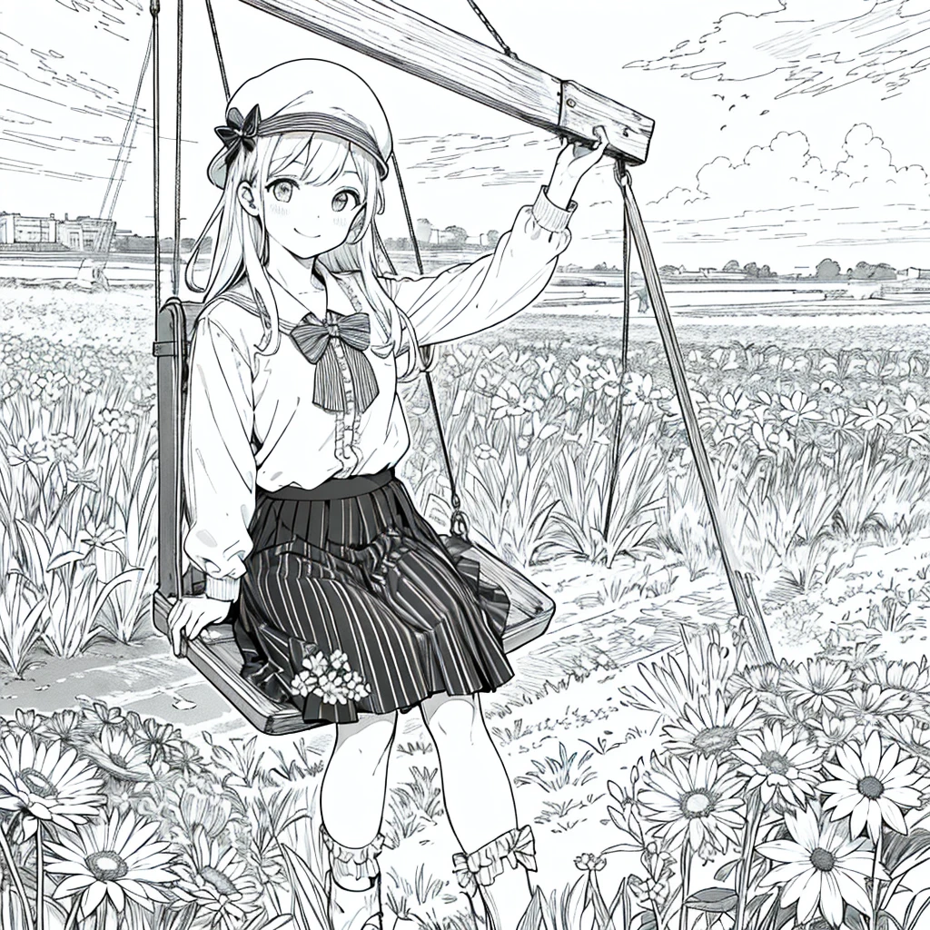 Raw work, Better Quality, One girl swinging on a swing, London Bridge is visible,alone, Long Hair, View the viewer, With a smile, stripe, skirt, shirt, Long sleeve, hat, wear, bow, Participation, Shut your mouth, flower, Frills, flower do cabelo, flowerびら, flower束, 固定flower, Central steering wheel, Food, flower固定ブーケ, Field, flower, Field, Line art, Monochrome