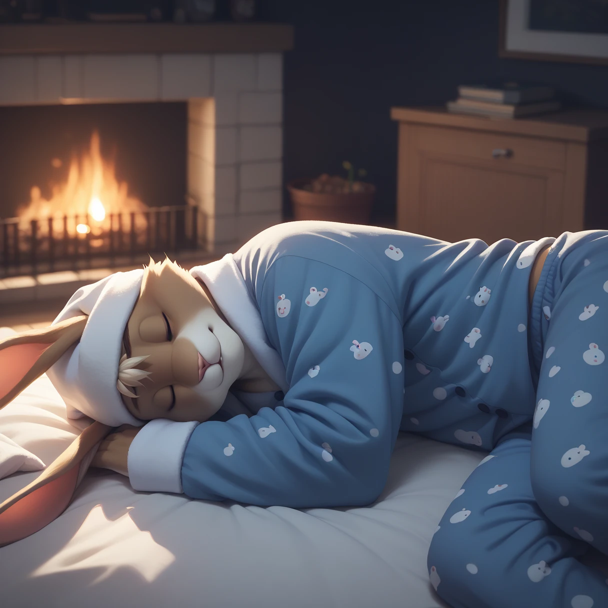 （Furry、Rabbit boy wearing a nightcap）Her clothes are turned up and her stomach is exposed、Are sleeping、Lying on the bed in pajamas、Night of the Snowstorm、Dark room with fireplace、wooden