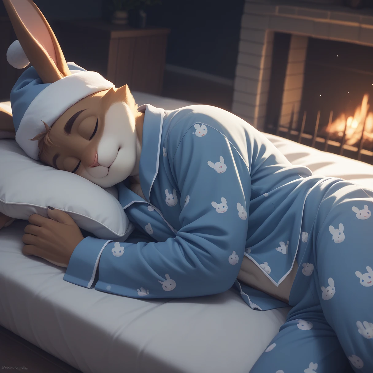 （Furry、Rabbit boy wearing a nightcap）Her clothes are turned up and her stomach is exposed、Are sleeping、Lying on the bed in pajamas、Night of the Snowstorm、Dark room with fireplace、wooden