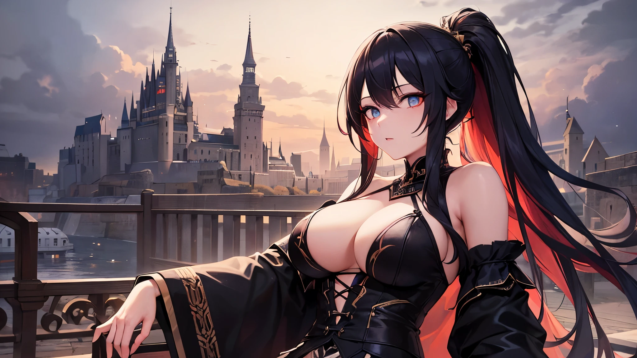 Highest quality, 8K, 4K, High resolution, High Contrast, The upper body is visible,1girl,only,Beautiful and colorful hair,Half Up Hair,(Beautifully detailed face), Red, clear eyes, beautiful eyes, Slanted Eyes,２０generation, Large Breasts, night, The clothes are mainly black, Sitting, god々Old castle