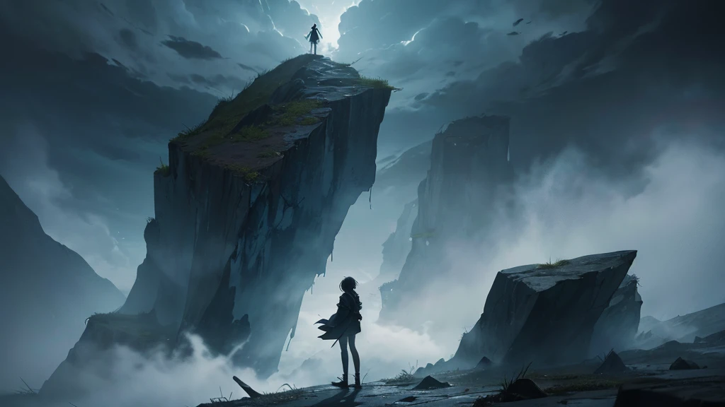 Create an anime-style image inspired by the following song lyrics. The image should feature at least one anime character standing on the edge of a cliff, staring into an abyss with mist swirling around. The character should have a determined expression, symbolizing their struggle and resilience. Scars or other signs of past battles should be visible on the character. In the background, incorporate elements of a dark, stormy environment, possibly with shadows or demons lurking to represent inner demons. The overall theme should convey a sense of rising above challenges and finding strength and redemption. Ensure the image captures a mix of darkness and hope, reflecting the themes of the song