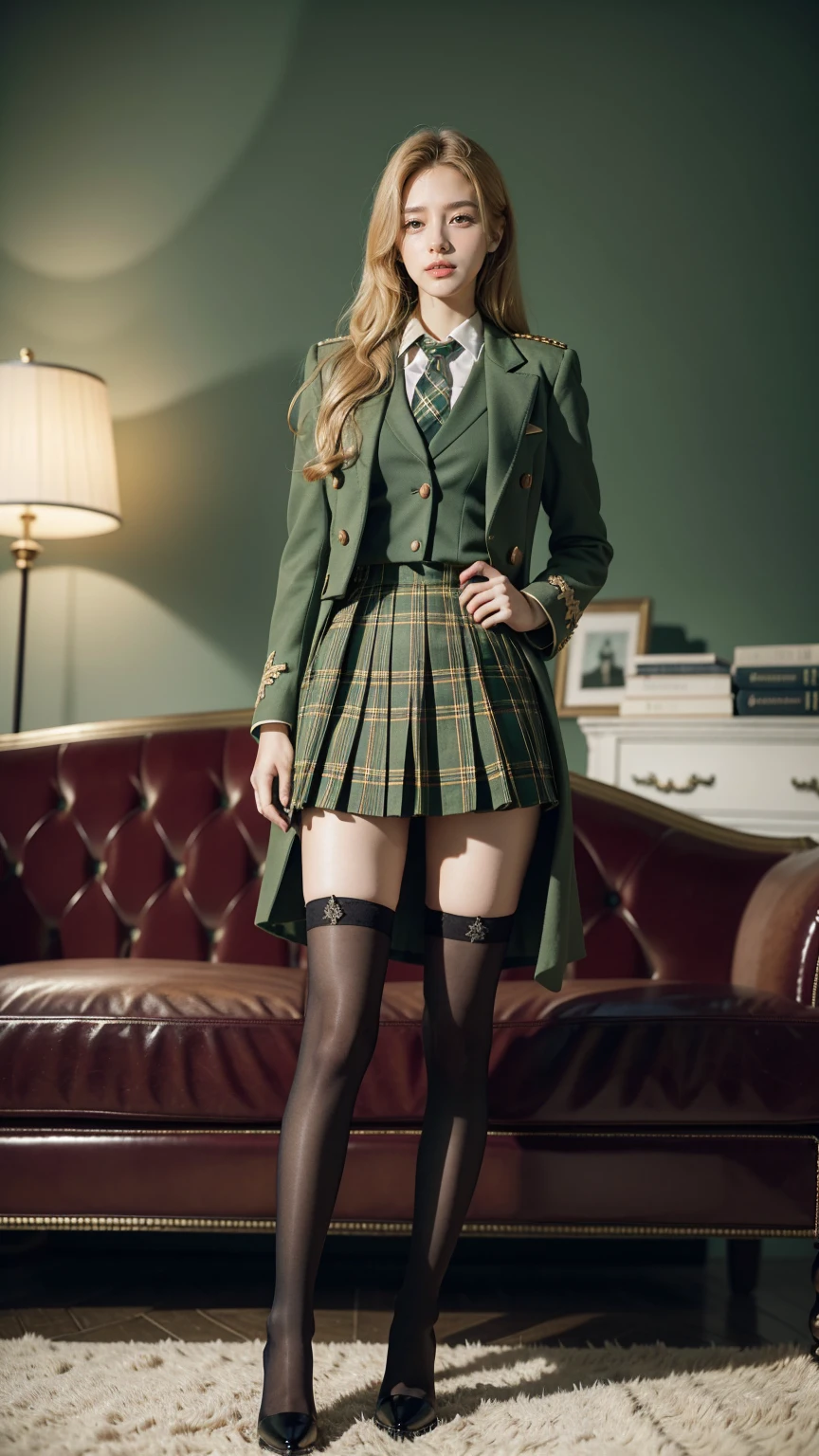 UHD,8K,RAW,girlvn01, 1girl,school,Stunningly Beautiful Girl,green suit,Epaulette, pleated plaid green skirt,plaid red necktie, Long shaped face,Sandy Blonde side-swept hair,standing ,black stocking ,sofa,student boots high heels,full body,