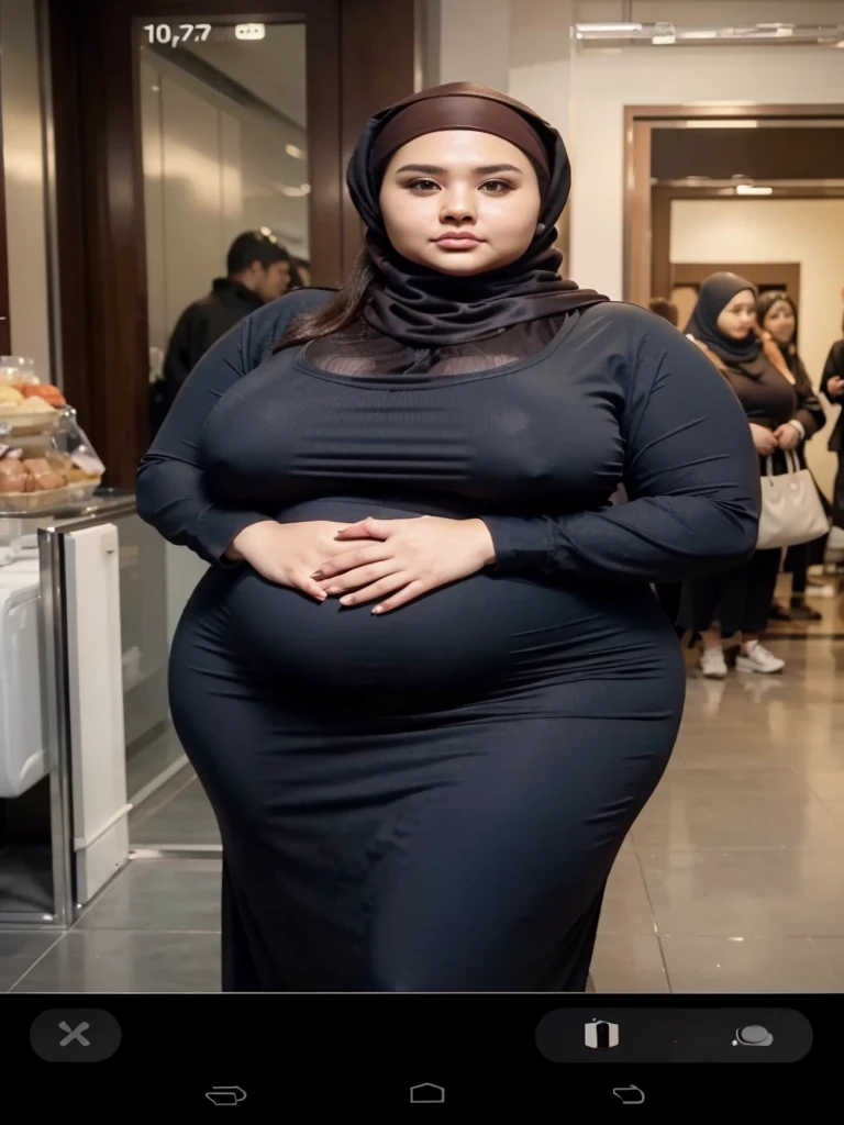 there is a woman random poses with a longest brown and red hijab, bbwchan, thicc, brown hijab outfit, brown hijab fashion model, korean girl, korean woman, wearing brown robe, full length shot, alluring plus sized model, japanese goddess, clothed in hooded, voluptuous and arousing, portrait shot, curvy model, voluptuous body, wonderful, nene tanaka body , bbwchan, The overall atmosphere is smooth , haunting illustrations, extremely high-resolution details, photographic, realism pushed to extreme, fine texture, 4k, ultra-detailed, high quality, high contrast, red Color sneakers, bob hairstyle , short hairstyle , baby face , full body view , big cleavage , big pregnant , milf