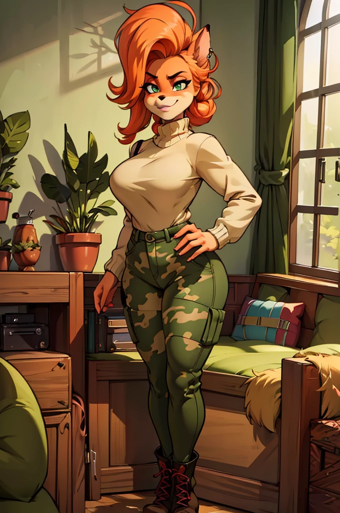 (best quality,4k,8k,highres,masterpiece:1.2),ultra-detailed,realistic:1.37,portrait, anthro bandicoot girl redhead, braided hair, beautiful green eyes, seductive, warm sweater, camouflage pants, army boots, smirking, cozy lighting, vibrant colors.