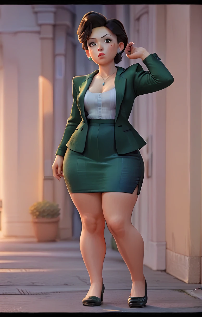 black blazer, black pencil skirt, wide hips, thick legs, thick thighs, wearing black slip on flats