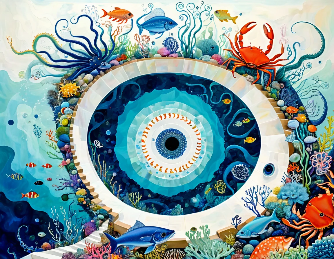 &quot;Dick Ellescas Artist Style&quot;,Swimming pool，Marine Life、Crab、fish，Tentacles，bird、Eye、autistic patient、diatom，Spiral Staircase，Stitching together an abstract painting，Describing the inner world of autistic people，Sense of space，White Space，interesting，Innocence，Psychedelic Art，Blue Theme