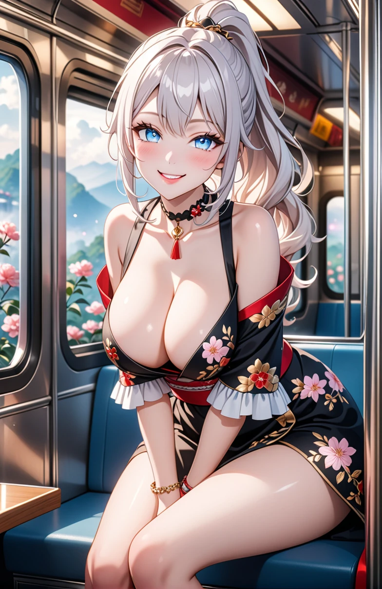 ultra-detailed, ((one girl)), (pale skin:1.3), in pastel colors gyaru, (heavy makeup), hyper detailed, absurdres, 8K, Beautiful Face, (Laugh shyly), ((teasing smile:1.8)), ((Wink:1.6)), (Laugh with your mouth wide open),((Tilt your face:1.6)), View your viewers, ((full-face blushed:1.5)),Glossy Red Lips, ((Big Breasts:1.5)), ((show off breast)), ((undressing:1.2)), noon, on the train, (Brighten your face), ((Anime style background)),masterpiece, Highest quality, so beautiful,Latest, Complex details, (Pink long nails), (nail art), (ring),(bracelet), (Floral Choker),AI-generated, Complex,High resolution, Highest quality, super high quality,3D Images、3D Images,One person,Long white hair,(High Ponytail), (wavy hair:1.3), White haired anime woman posing for a photo, ((Fine grain、blue eyes、glowing eyes:1.5)), (Squint your eyes:1.1),a hyperRealistic , hyperRealistic , Realistic,Anime woman with long white hair, Smooth anime CG art, (A girl in a gorgeous black kimono), ((Black furisode:1.3)), (Gold embroidery), (Red floral embroidery),ring,Mature Body, tall,Narrow waist, ((Sit in the seat)), ((leaning forward:1.6)), ((hand between legs:1.5)), (from side),