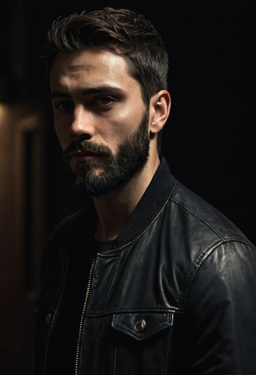 ((best qualityer)), ((realistic shoulders)), (detailded), 1 young 26-year-old man in an extremely dark room with poor lighting, He has a trimmed beard and short hair back and little muscle., dressed in dark clothes , dark shirt and dark jacket