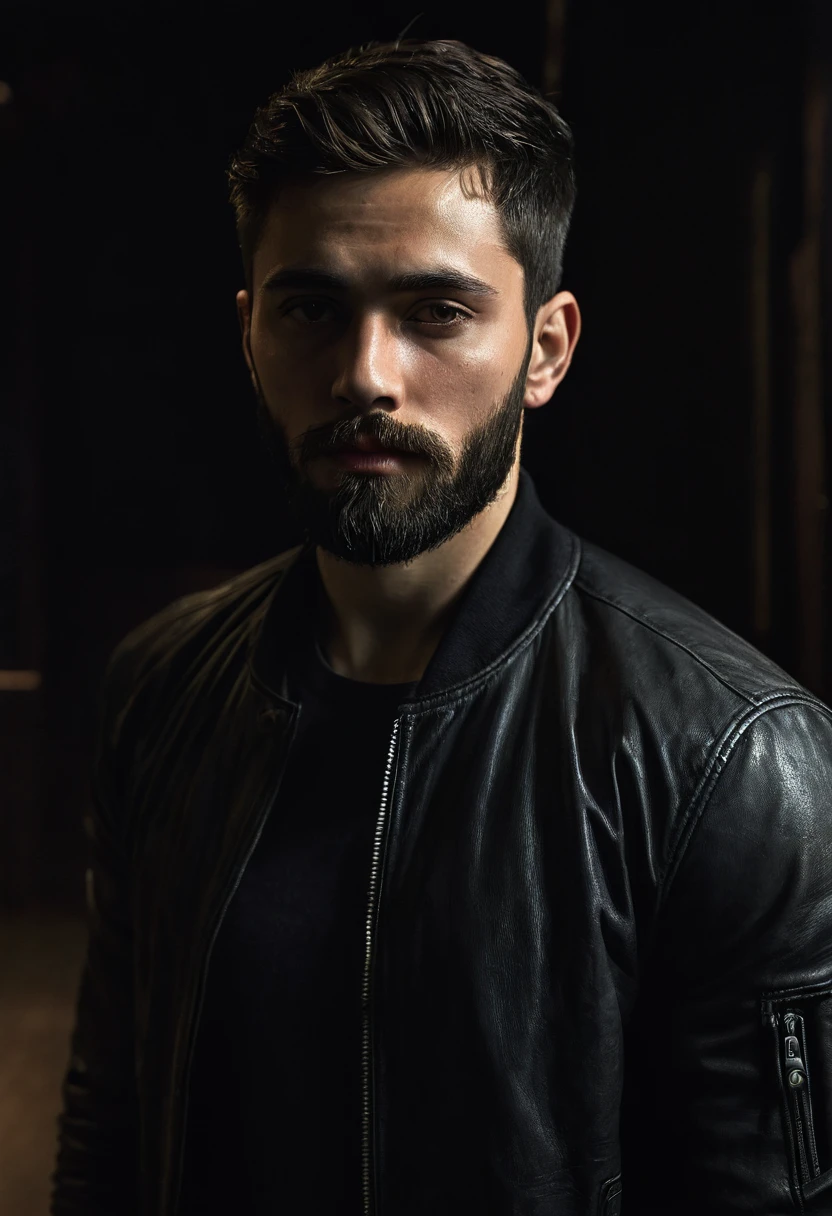 ((best qualityer)), ((realistic shoulders)), (detailded), ung 26-year-old man in an extremely dark room with poor lighting, He has a trimmed beard and short hair back and little muscle., dressed in dark clothes , dark shirt and dark jacket