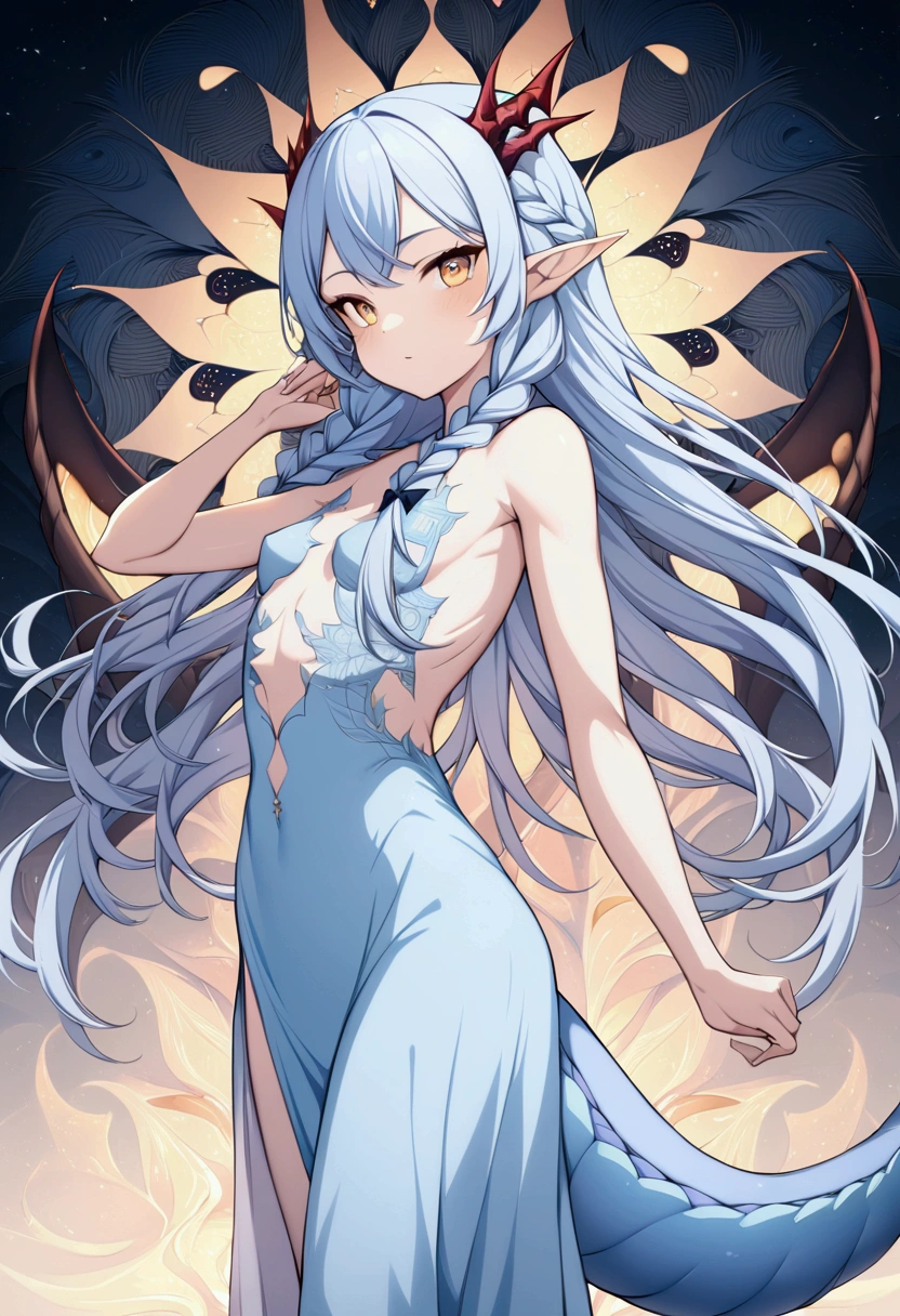 (((small and young girl))),((Dragoness of Souls with long silver hair that is loose and straight, one of her hair reaches her face)),(((Colorful skin,Light blue skin color))),(blue eyes like emeralds), pointed elf ears, ((with a Dark blue horn)),((Huge tail with dark blue scales, tail with light blue emeralds)),(sexy body),(Rounded medium breasts and big butt),((skin-tight dress that shows her body like navel and back)),((high quality)),((high resolution)), ((detailed)), ((vibrant colors)) , ((correct proportions)), ((perfect anatomy)), ((detailed eyes)), ((realistic eyes)),((detailed background)), ((realistic environment)), ((no deformations))