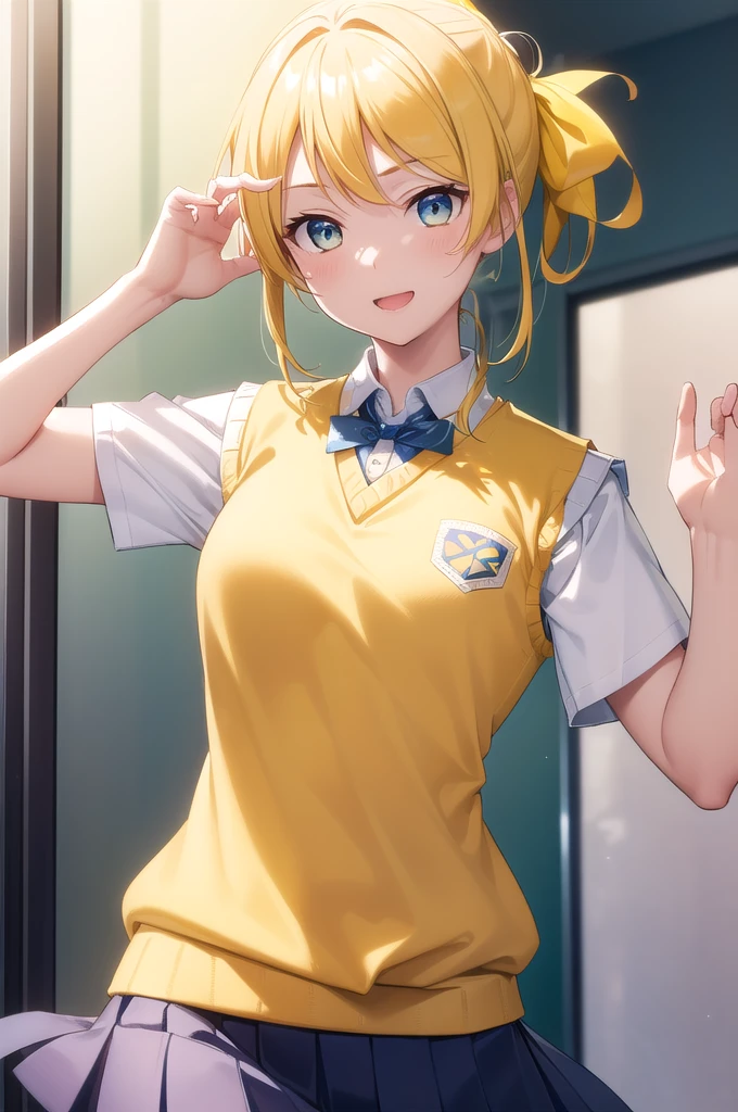 Eri Aase, catalyst, Yellow Hair, blue eyes, ponytail, Hair Ribbon, break otonokizaka , pleated skirt, Large green ribbon tie, Short sleeve, skirt, Summer clothes, Sweater vest, (yellow Sweater vest:1.5), break looking at viewer, break indoors, classroom, break (masterpiece:1.2), Highest quality, High resolution, unity 8k wallpaper, (figure:0.8), (Beautiful attention to detail:1.6), (Perfect hands, Perfect Anatomy), Highly detailed face, Perfect lighting, Highly detailed CG, (Perfect hands, Perfect Anatomy), , (3D Face:1.1), (Shiny skin:1.5), (超High resolution intricate face details), (Facial skin pores:1.3), 超High resolution cloth texture, Big smile、Blushing、Open your mouth, Showing off her perfect legs