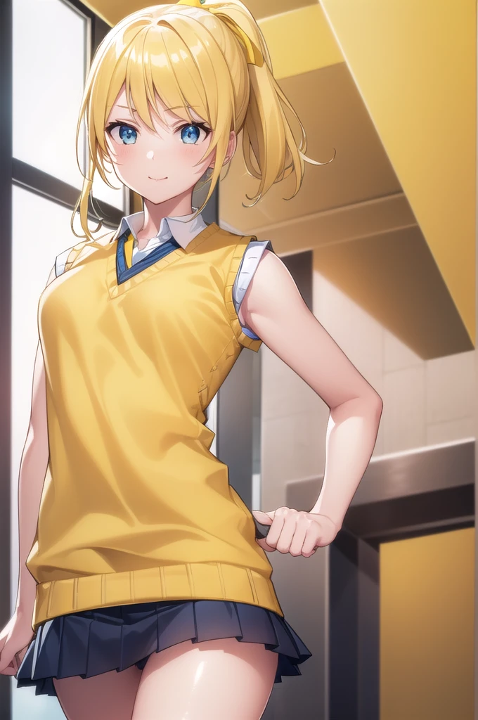 Eri Aase, catalyst, Yellow Hair, blue eyes, ponytail, Hair Ribbon, break otonokizaka , pleated skirt, Large green ribbon tie, Short sleeve, skirt, Summer clothes, Sweater vest, (yellow Sweater vest:1.5), break looking at viewer, break indoors, classroom, break (masterpiece:1.2), Highest quality, High resolution, unity 8k wallpaper, (figure:0.8), (Beautiful attention to detail:1.6), (Perfect hands, Perfect Anatomy), Highly detailed face, Perfect lighting, Highly detailed CG, (Perfect hands, Perfect Anatomy), , (3D Face:1.1), (Shiny skin:1.5), (超High resolution intricate face details), (Facial skin pores:1.3), 超High resolution cloth texture, Big smile、Blushing、Open your mouth, Showing off her perfect legs