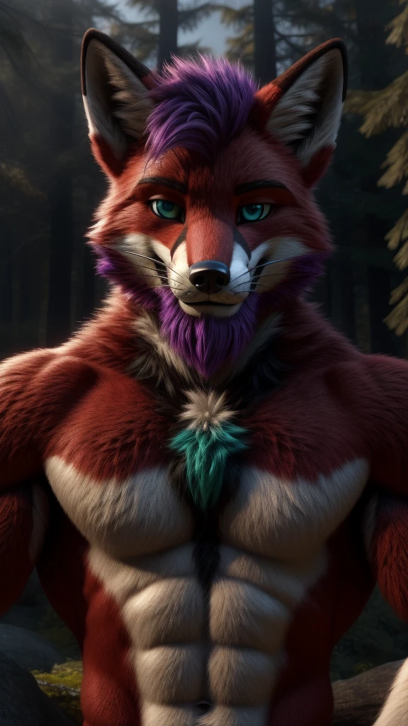 A fursuit Fox male muscular red fur muzzle Blue green eyes and purple hair alone in a nude forest looking at the viewer seductive smile detailed face and roof body A beard young adult 33 years old 4D Unreal Engine 9