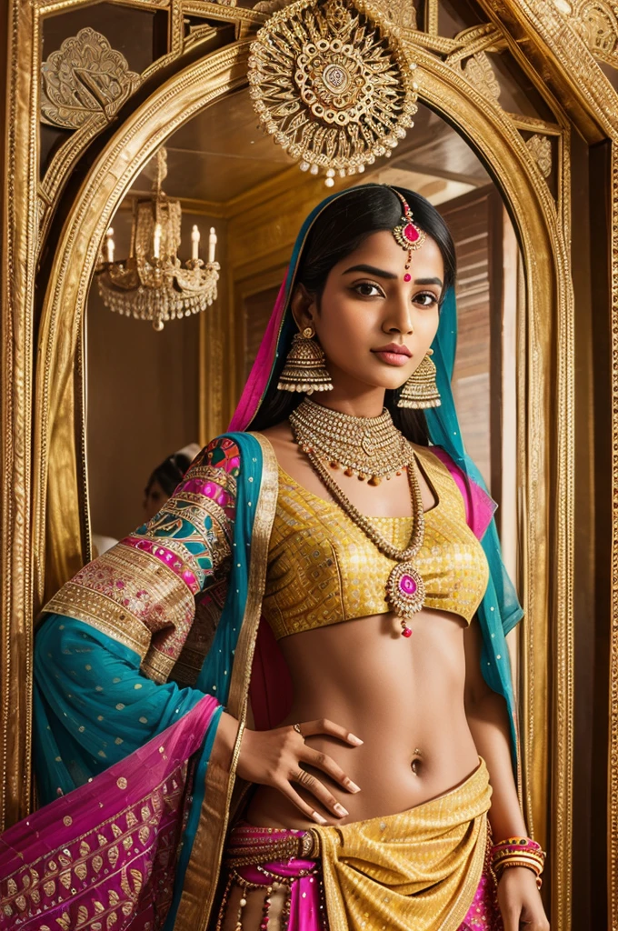 Use an AI-generated image that blends traditional Rajasthani fashion elements with a modern, futuristic twist. This could include elements like bandhani prints, mirror work, and vibrant colors with innovative patterns and contemporary accessories