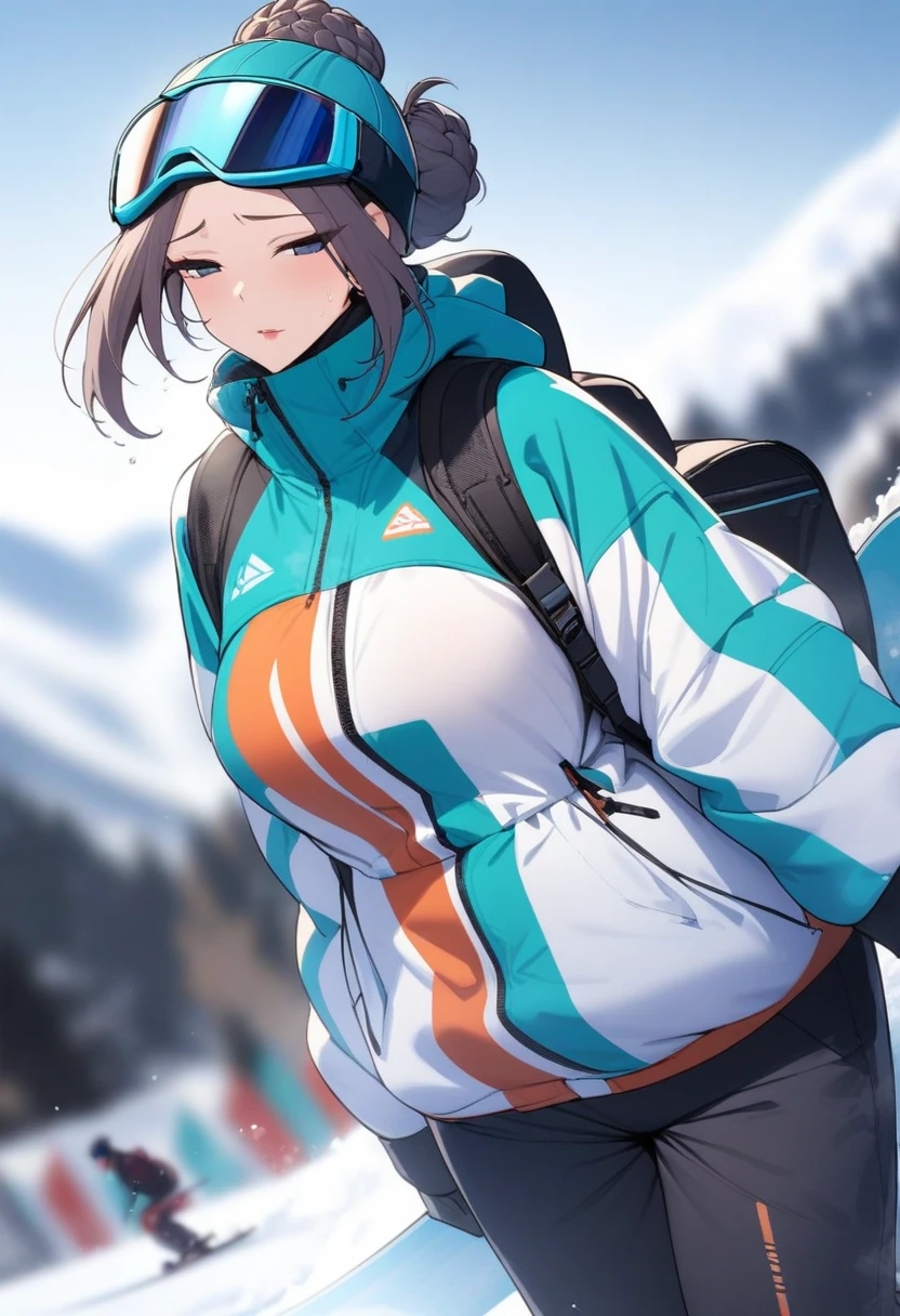 mastute piece,Best Quality,insanely detailed,8k cg,nsfw,
(shoot upper body:1.3),
(1girls:1.3),standing,looking at viewr,body in front,both arms behind back,(Ski wear),(bare breasts)
break,
blush,shy,(trembling:1.2),(Green Hair:1.4),Twin tail hair、
break,
perfect breasts,perfect teats,(open mouth:0.9),(large breasts:1.2),
Ski resort,Slopes，