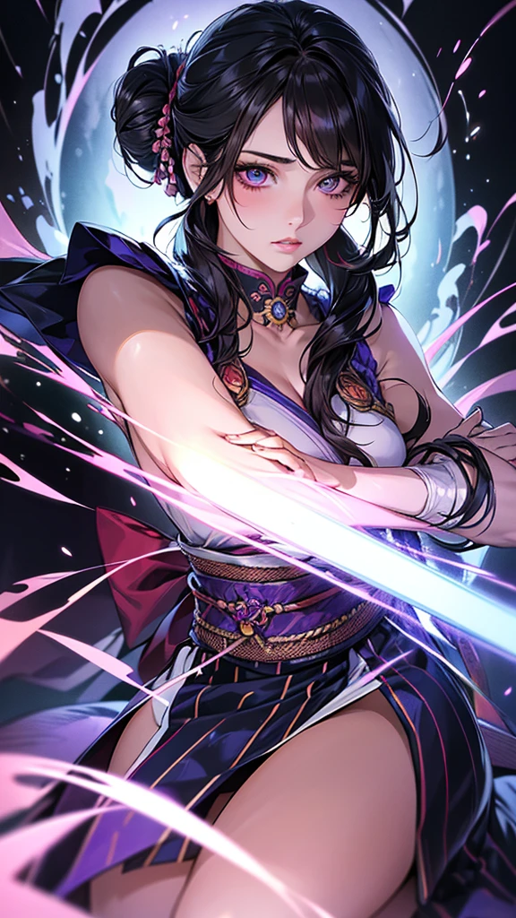 Highest quality, Ultra-high resolution, (Realistic: 1.4), beautiful Eyes, Super beautiful女性,30 years old、Full Body Shot、 beautiful, Warrior, Japanese clothing、Dance、((Black Hair、Updo Hair)),purple and pink tones、Blue Flame、beautiful Soldier, Eyes that beckon, Mistress's point of view, Droopy eyes、Attractive look, Sexy smile, Perfect Style, Perfect balance、Large Breasts、 Detailed skin, Mischievous Gaze,beautiful背景