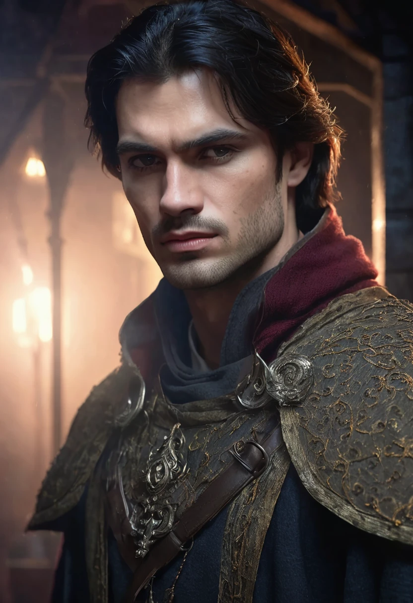 1 man, inside a dark house, wearing clothes in dark colors, simple and modern, detailed features, masculine eyes, detailed light skin, medium-length dark hair, strong and serious expression, dramatic lighting, cinematic composition, cold and dark , atmospheric fog , handsome face, thin chin, handsome man, masculine and handsome, 25 years old (best quality, 4K, 8K, high resolution, art: 1.2), ultra-detailed, (realistic, photorealistic, photorealistic: 1.37)