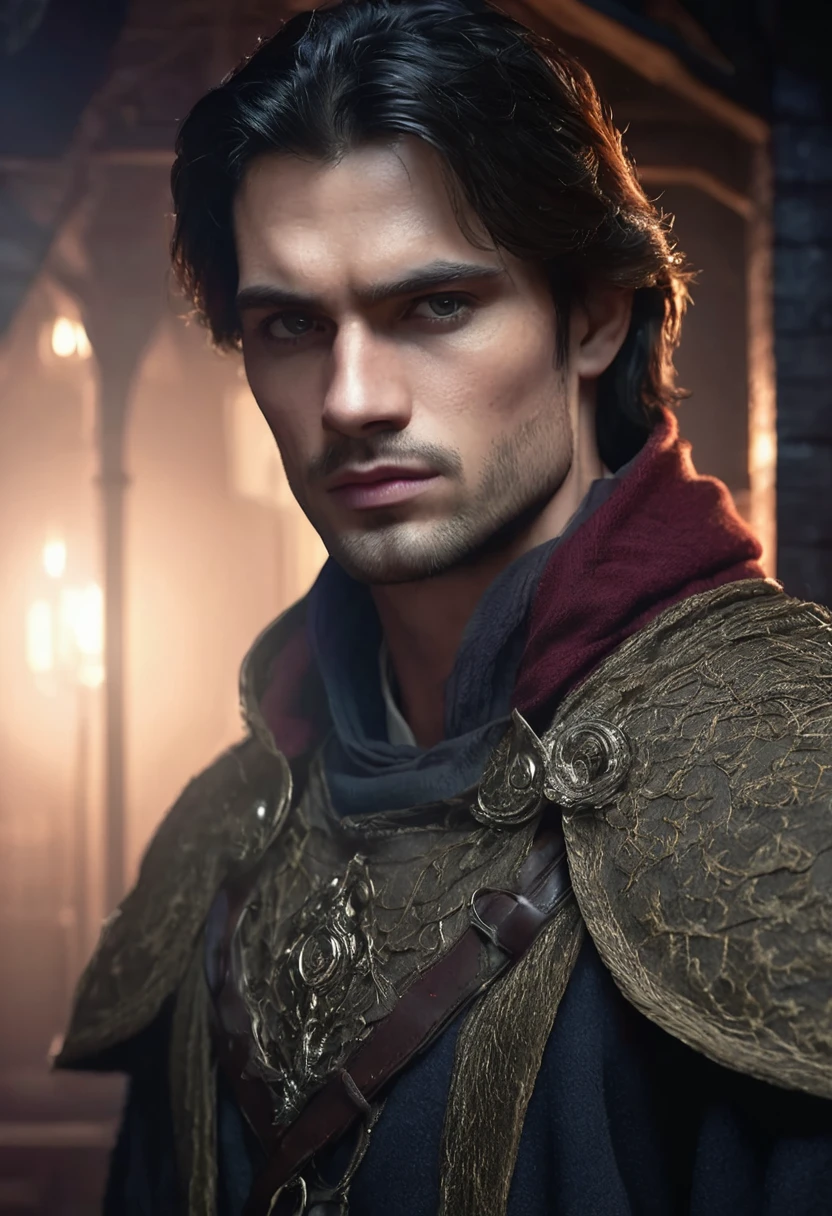 1 man, inside a dark house, wearing clothes in dark colors, simple and modern, detailed facial features, masculine eyes, detailed light skin, medium-length dark hair, strong and serious expression, dramatic lighting, cinematic composition, cold and dark , atmospheric fog , handsome face, thin chin, handsome man, masculine and handsome, 25 years old (best quality, 4K, 8K, high resolution, art: 1.2), ultra-detailed, (realistic, photorealistic, photorealistic: 1.37)