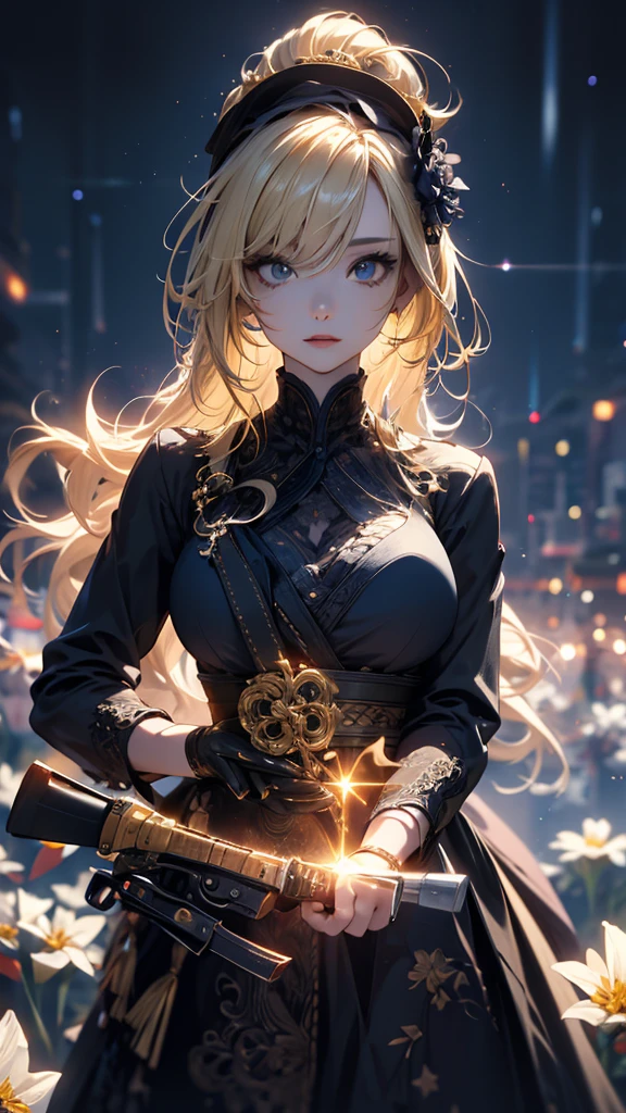 masterpiece, high quality, 4K, Beautiful design, silhouette，blonde， 非常に詳細な夜のStarry Sky,Flower Field， wonderful, Finer details,  Very knowledgeable woman, Highly detailed solo, 1 female,Big Breasts，Gothic Lolita Fashion，２Hold the gun in front of your chest.，Night view，Starry Sky，full moon，