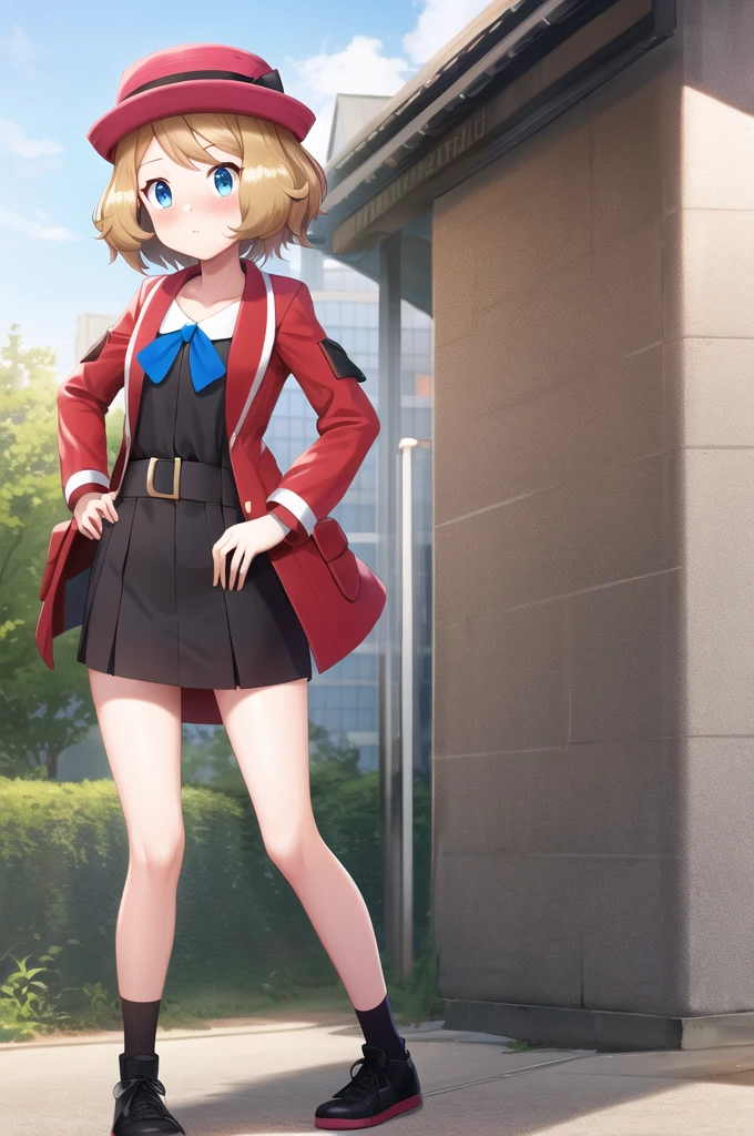 masterpiece, Highest quality, High resolution, Serena \(Pokemon\), short hair, blue eyes, One girl, alone, Blue Ribbon, eyelash, Black thighs, Neck ribbon, No sleeve, bangs, clavicle, Bare arms, Pink Dress, Red coat, Pink hat, Outdoor, Sitting, return, turning return to the viewer, Looking over your shoulder, surprise,blush, ((Lift up your skirt, Panty shot)), panties, 高品質panties,  赤いpanties, Hands on hips.