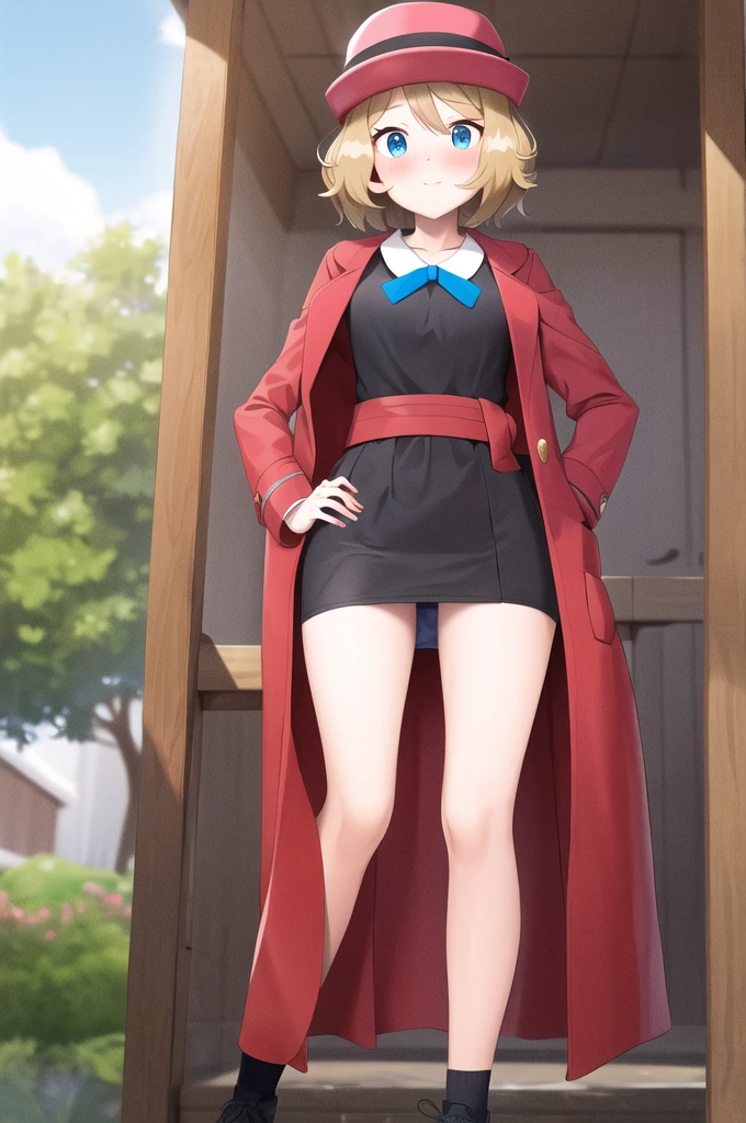 masterpiece, Highest quality, High resolution, Serena \(Pokemon\), short hair, blue eyes, One girl, alone, Blue Ribbon, eyelash, Black thighs, Neck ribbon, No sleeve, bangs, clavicle, Bare arms, Pink Dress, Red coat, Pink hat, Outdoor, Sitting, return, turning return to the viewer, Looking over your shoulder, surprise,blush, ((Lift up your skirt, Panty shot)), panties, 高品質panties,  赤いpanties, Hands on hips.