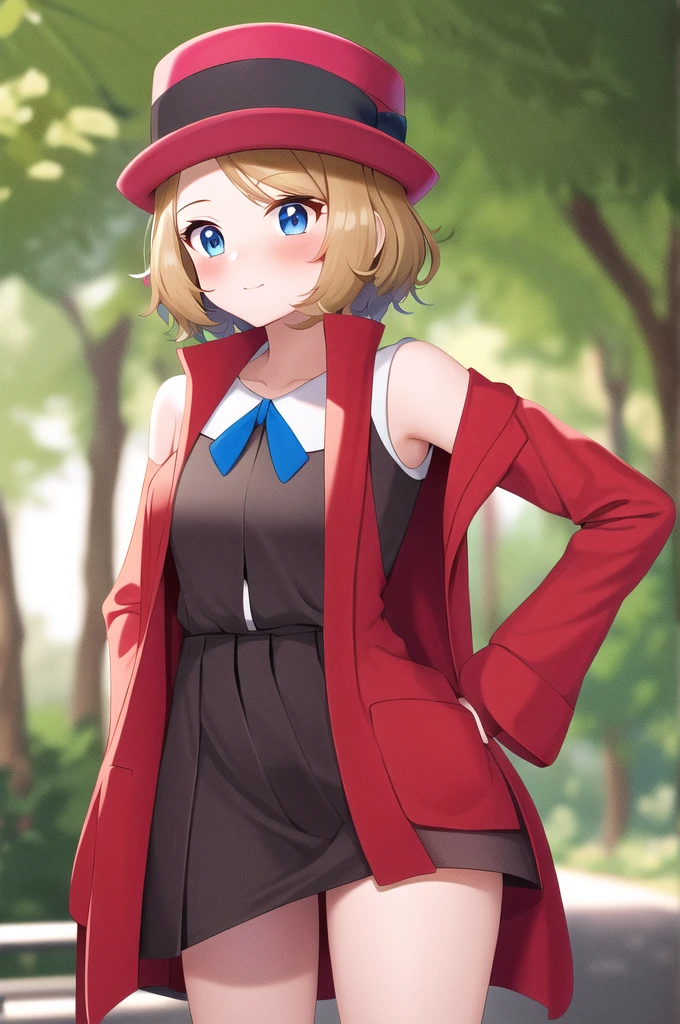 masterpiece, Highest quality, High resolution, Serena \(Pokemon\), short hair, blue eyes, One girl, alone, Blue Ribbon, eyelash, Black thighs, Neck ribbon, No sleeve, bangs, clavicle, Bare arms, Pink Dress, Red coat, Pink hat, Outdoor, Sitting, return, turning return to the viewer, Looking over your shoulder, surprise,blush, ((Lift up your skirt, Panty shot)), panties, 高品質panties,  赤いpanties, Hands on hips.