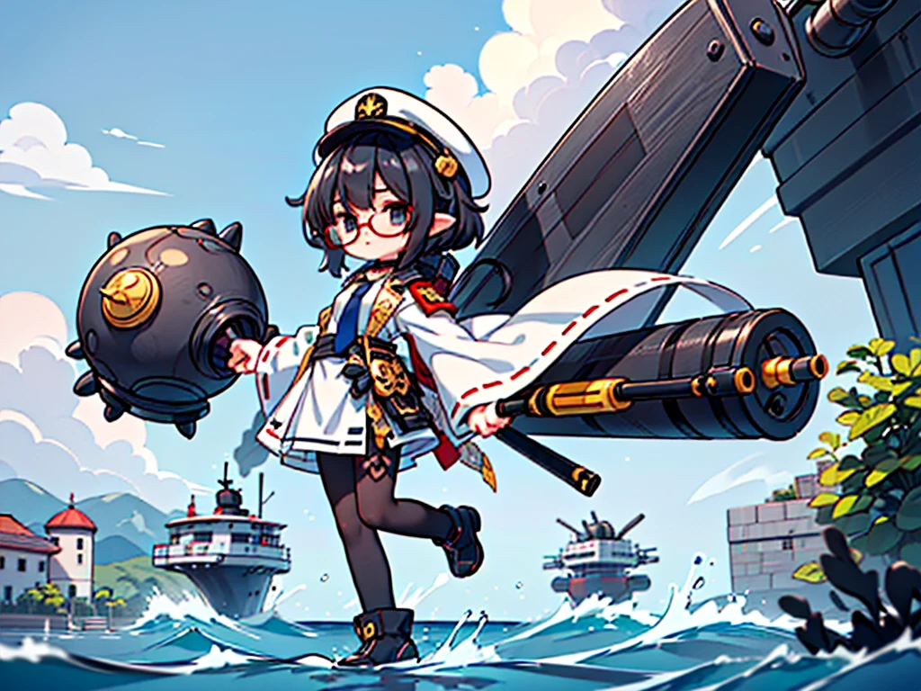 (((masterpiece, Vision))), ((((Full body of a woman with perfect flat chest、1 Female、solo、Short unkempt black hair、Tie your messy hair at the nape of your neck、white military jacket、Miko costume、black tights、Black glasses are black、White military cap、Cloudy black eyes、Confused eyes、Junyo-inspired emblem)))), (((Shipgirl))), ((Floating on the morning sea with both feet)), (Standing with your legs apart)), Aim, (Hold the shotgun turret grip with your right hand), (Four mechanical tentacles covered in white armor extend from its back.), (Mechanical tentacles holding machine guns), (Equipped with a bridge on the back), (His left arm holds the grip of a triple machine gun),