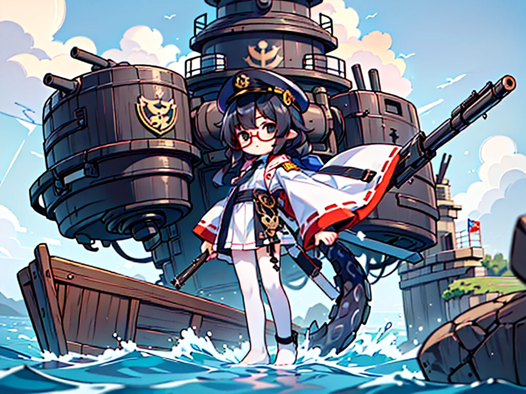 (((masterpiece, Vision))), ((((Full body of a woman with perfect flat chest、1 Female、solo、Short unkempt black hair、Tie your messy hair at the nape of your neck、white military jacket、Miko costume、black tights、Black glasses are black、White military cap、Cloudy black eyes、Confused eyes、Junyo-inspired emblem)))), (((Shipgirl))), ((Floating on the morning sea with both feet)), (Standing with your legs apart)), Aim, (Hold the shotgun turret grip with your right hand), (Four mechanical tentacles covered in white armor extend from its back.), (Mechanical tentacles holding machine guns), (Equipped with a bridge on the back), (His left arm holds the grip of a triple machine gun),
