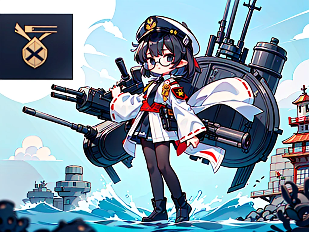(((masterpiece, Vision))), ((((Full body of a woman with perfect flat chest、1 Female、solo、Short unkempt black hair、Tie your messy hair at the nape of your neck、white military jacket、Miko costume、black tights、Black glasses are black、White military cap、Cloudy black eyes、Confused eyes、Junyo-inspired emblem)))), (((Shipgirl))), ((Floating on the morning sea with both feet)), (Standing with your legs apart)), Aim, (Hold the shotgun turret grip with your right hand), (Four mechanical tentacles covered in white armor extend from its back.), (Mechanical tentacles holding machine guns), (Equipped with a bridge on the back), (His left arm holds the grip of a triple machine gun),