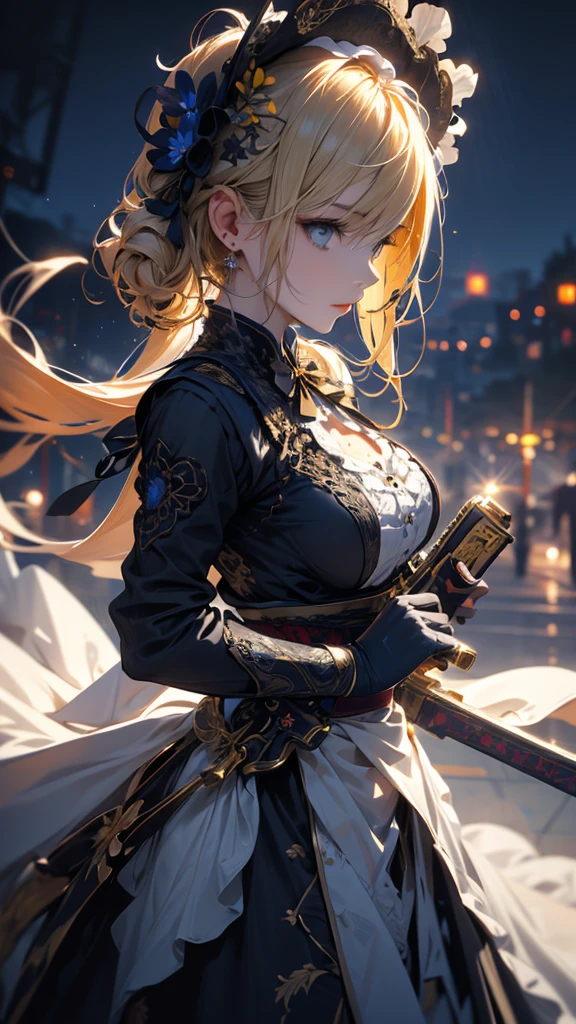 masterpiece, high quality, 4K, Beautiful design, silhouette,blonde, 非常に詳細な夜のStarry Sky,Flower Field, wonderful, Finer details, Very knowledgeable woman, Highly detailed solo, 1 female,Big Breasts,Gothic Lolita Fashion,2Hold the gun in front of your chest.,Night view,Starry Sky,full moon,