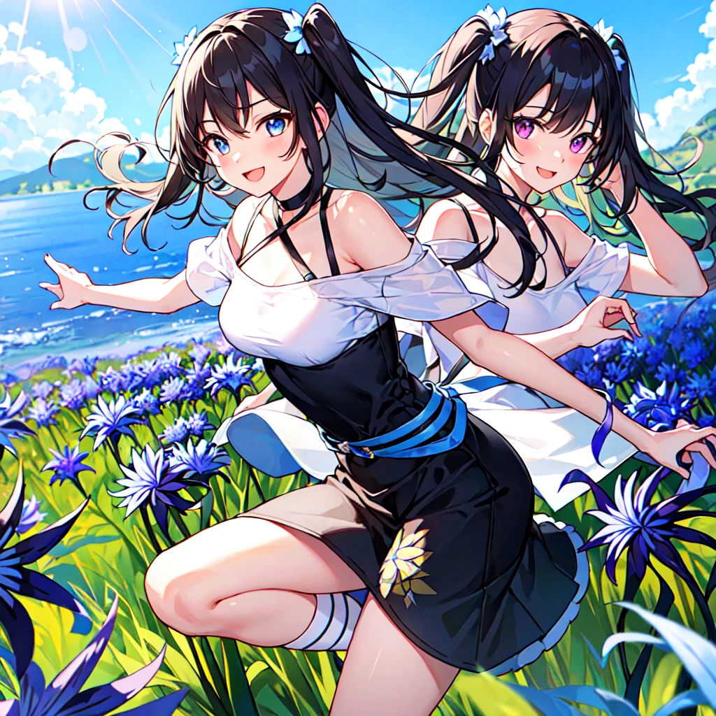 A cute light blue shirt that shows off her 、Light blue frilly flared skirt、She lifts her skirt with both hands to show off her cute white underwear、Cute white underwear visible when skirt is lifted、Sandy beach, beautiful sea, night and starry sky