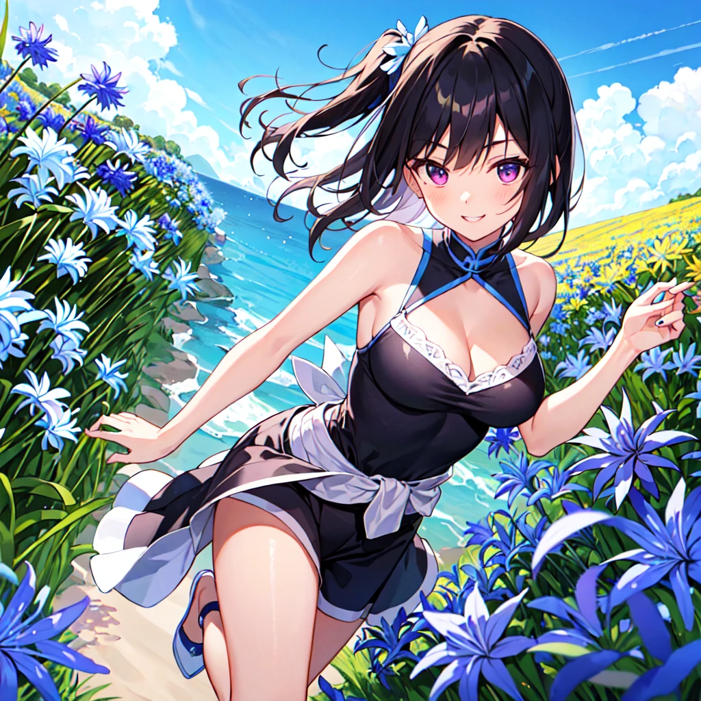 masterpiece, best quality, high quality, extremely detailed, very delicate and beautiful, (1 female 18 years old solo:1.5), (long black hair up to waist with two side up:1.5), bangs to eyebrows, eyes Eyebrows glossy, (eye color magenta:1.3), 6.5 head height, (agapanthus flower print summer fashion:1.3), knee socks, lace, frills, (smiling), (running:1.3), (smiling), (dynamic pose), (background agapanthus flower field:1.3), ( Blue sky:1.3) 