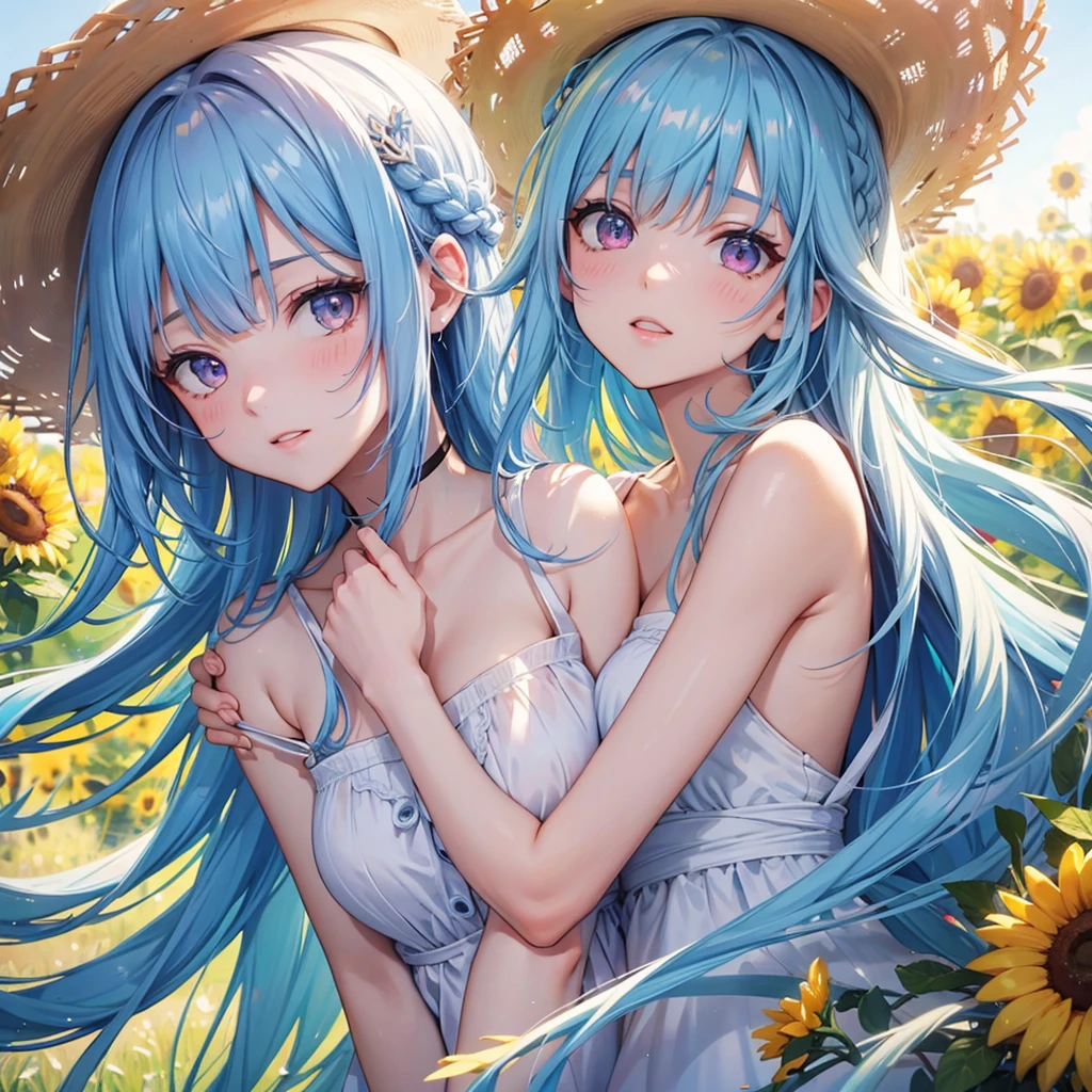 Sky blue hair,braid,(Pink Eyes),Fair skin ,(whole body),(One girl),buzzer,Sunflower field,White dress,blunt bangs,Wiping away sweat,wink,Straw hat,(masterpiece, Highest quality, Very detailed, Best Shadow), (Detailed Background), (Beautifully detailed face), High Contrast, (Best lighting, Very delicate and beautiful), ((Cinematic Light)), colorful, Hyper Detail, Dramatic Light, Intricate details,buzzerの暑い日差し,