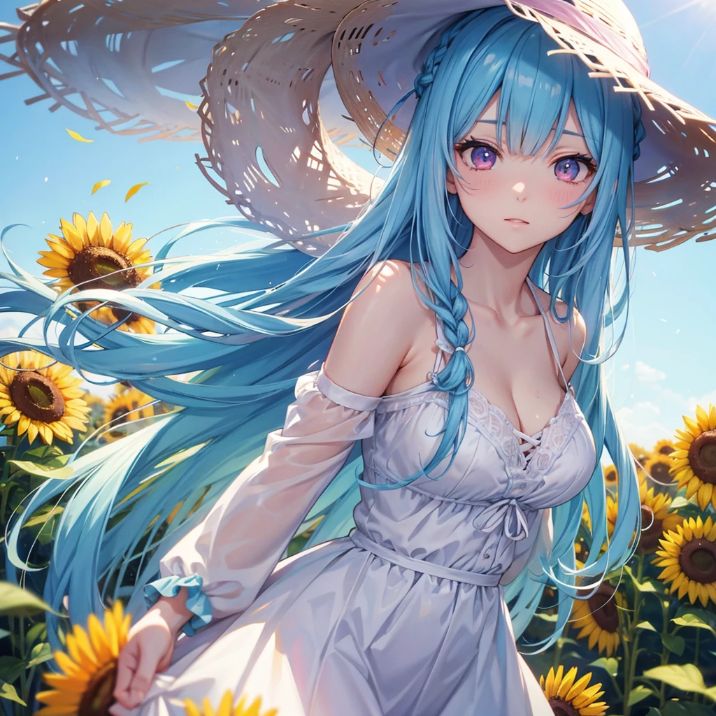 Sky blue hair,braid,(Pink Eyes),Fair skin ,(whole body),(One girl),buzzer,Sunflower field,White dress,blunt bangs,Wiping away sweat,wink,Straw hat,(masterpiece, Highest quality, Very detailed, Best Shadow), (Detailed Background), (Beautifully detailed face), High Contrast, (Best lighting, Very delicate and beautiful), ((Cinematic Light)), colorful, Hyper Detail, Dramatic Light, Intricate details,buzzerの暑い日差し,