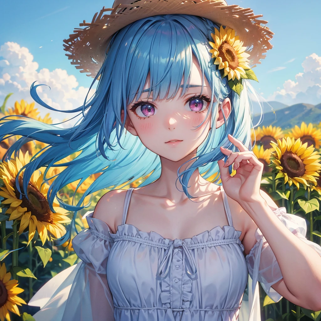 Sky blue hair,braid,(Pink Eyes),Fair skin ,(whole body),(One girl),buzzer,Sunflower field,White dress,blunt bangs,Wiping away sweat,wink,Straw hat,(masterpiece, Highest quality, Very detailed, Best Shadow), (Detailed Background), (Beautifully detailed face), High Contrast, (Best lighting, Very delicate and beautiful), ((Cinematic Light)), colorful, Hyper Detail, Dramatic Light, Intricate details,buzzerの暑い日差し,