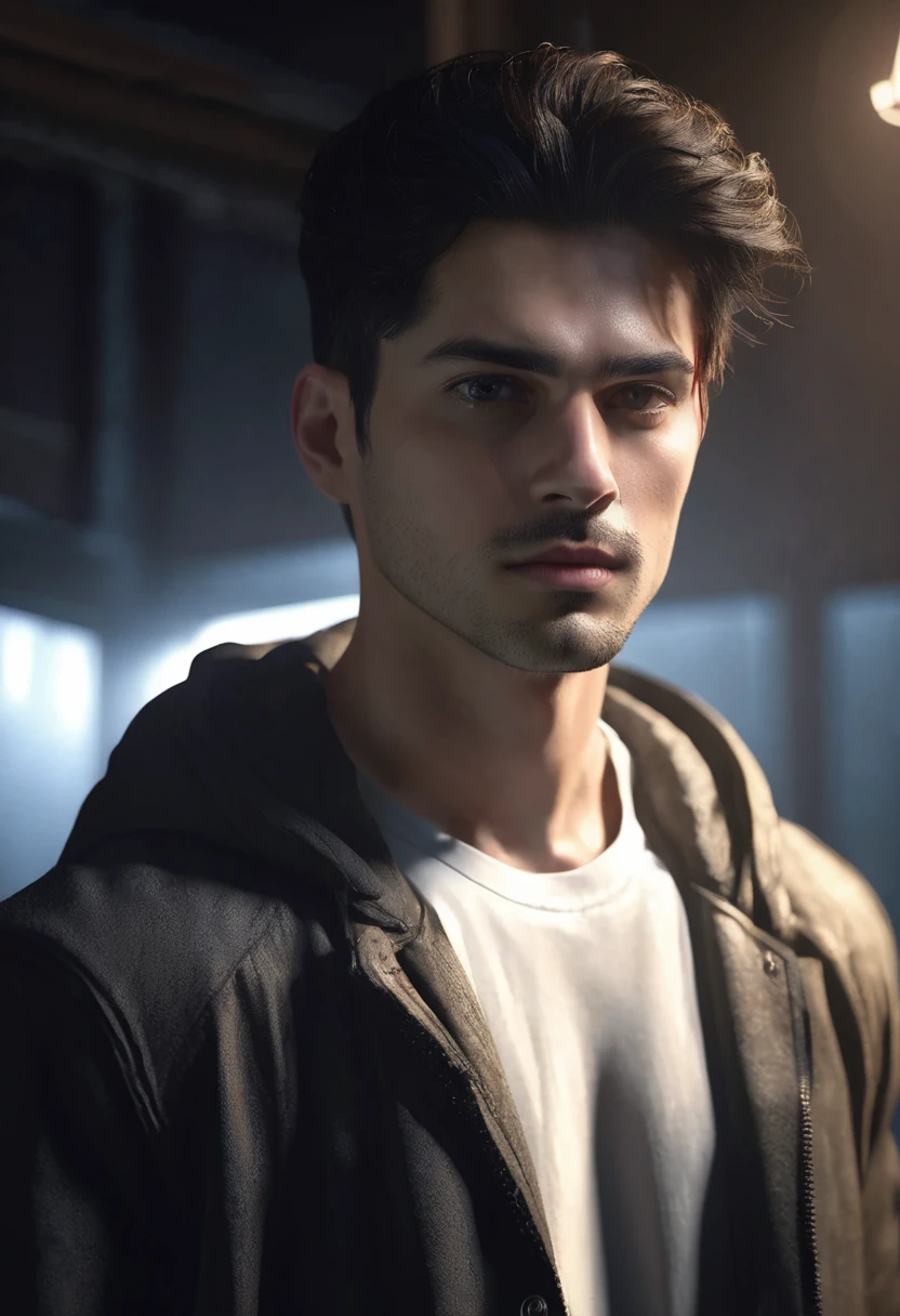 1 man, inside a dark house, wearing clothes in dark colors, simple and modern, detailed facial features, masculine eyes, detailed light skin, medium-length dark hair, strong and serious expression, dramatic lighting, cinematic composition, cold and dark , atmospheric fog , handsome face, thin chin, handsome man, masculine and handsome, 25 years old (best quality, 4K, 8K, high resolution, art: 1.2), ultra-detailed, (realistic, photorealistic, photorealistic: 1.37)