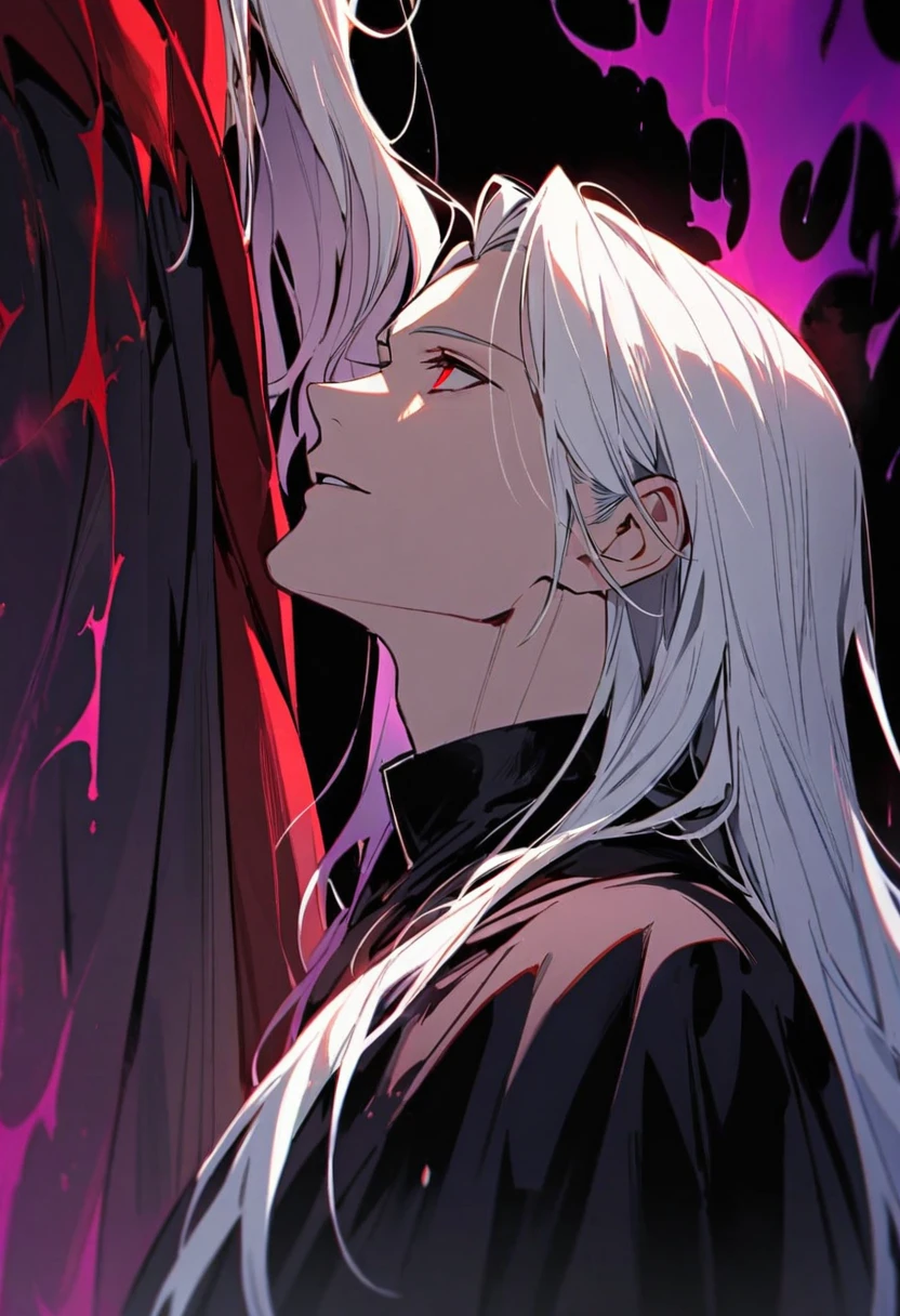 male, long hair, white hair, red eyes, cloak, dark aura, side view, look up, experinced, face close, mature