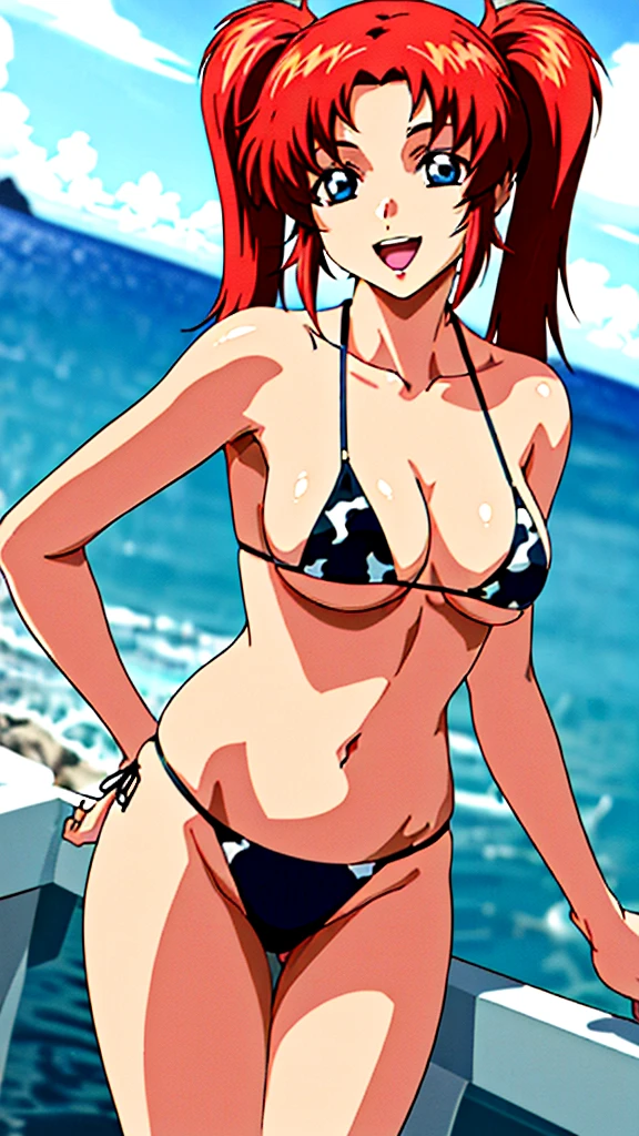 (masterpiece, 4K, Highest quality, anime style: 1.9, Detailed face, Lovely, Ocean,bold, High resolution, anime, Lake 4. alone, Curvaceous, smile, Please open your mouth wide, Very slim belly, Cowboy Shot, Cow print bikini,1 Girl,Redhead,Twin tails,blue eyes,Meiling Hawk